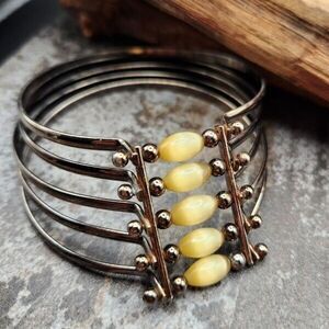 Vintage Silvertone‎ 5-band Bangle Bracelet Cat Eye Beads